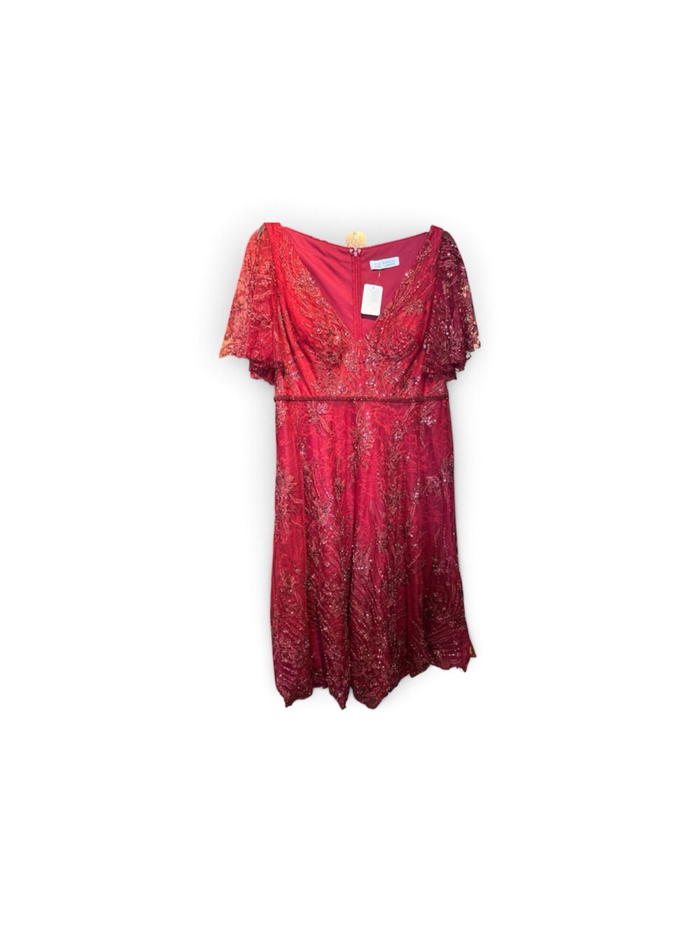 Mac Duggal Red Embellished V-Neck Midi Dress